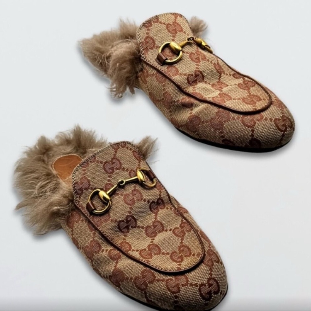💯GUCCI Monogram Brown and Gold FUR Loafers - Picture 2 of 9
